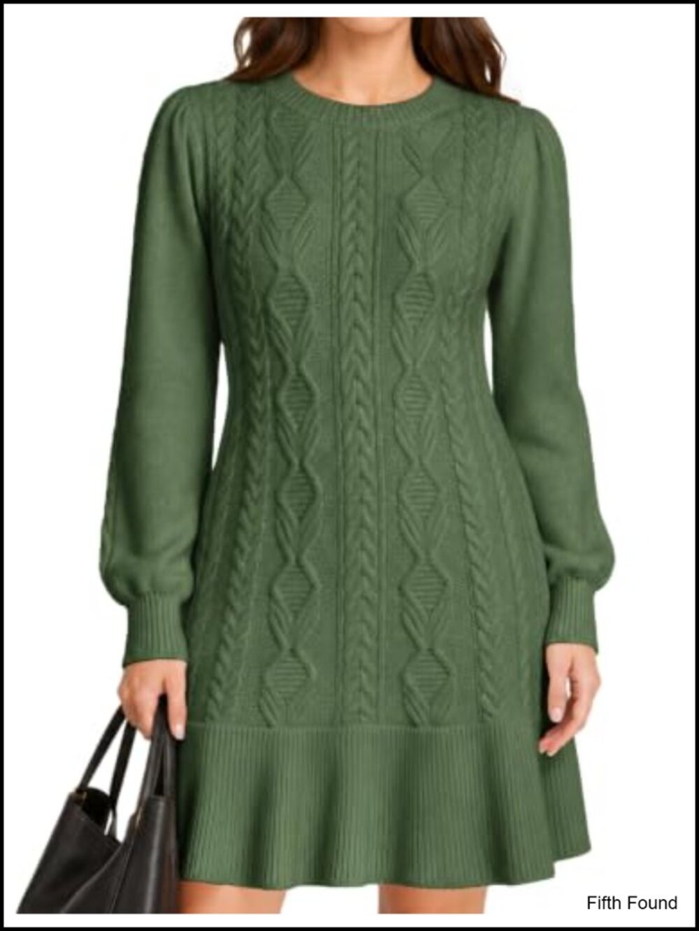 Cable Knit Puff Sleeve Mini Sweater Dress A-Line Crew Neck